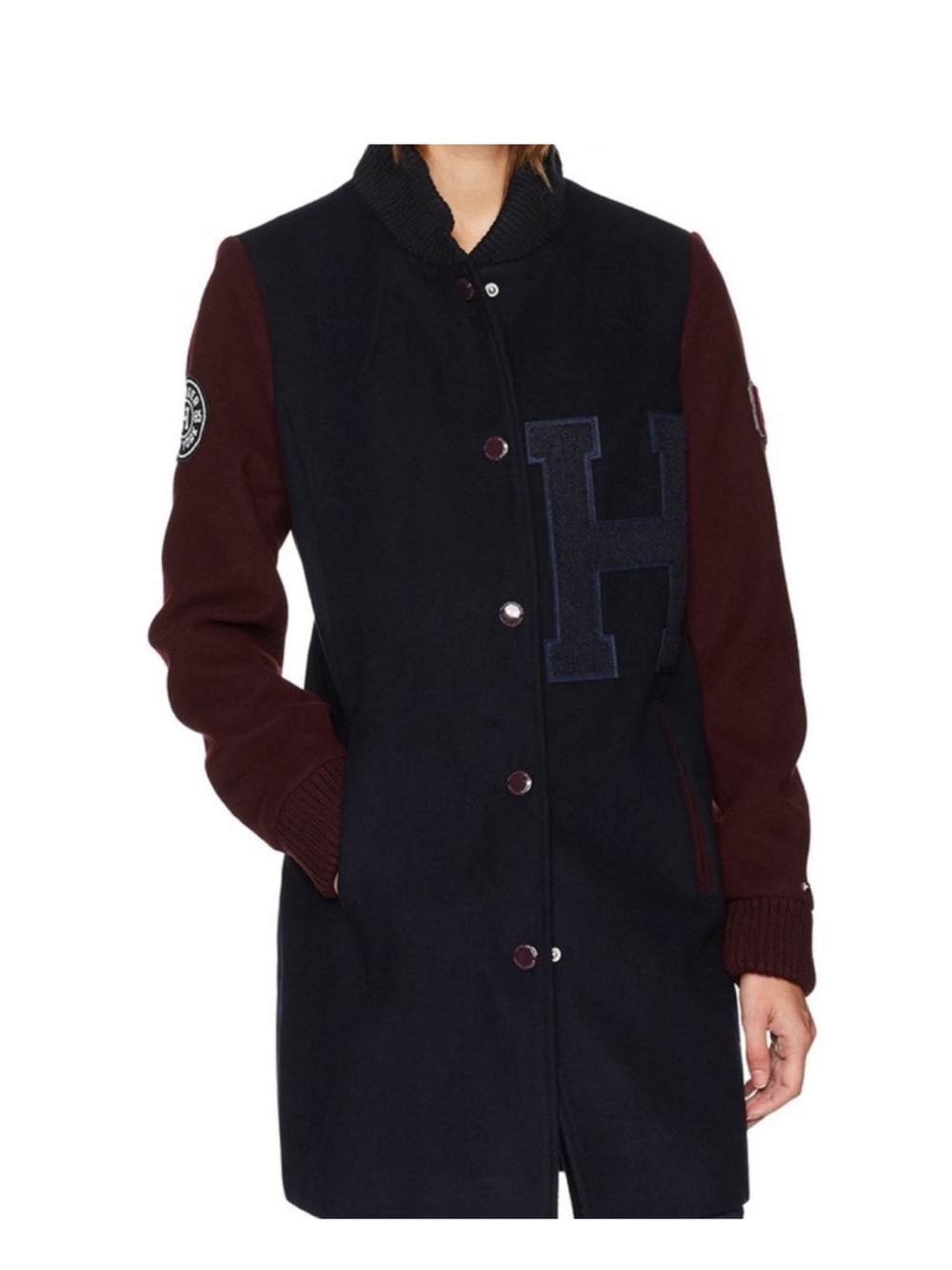 Tommy Hilfiger Navy and Burgundy Long Varsity Jacket XL
